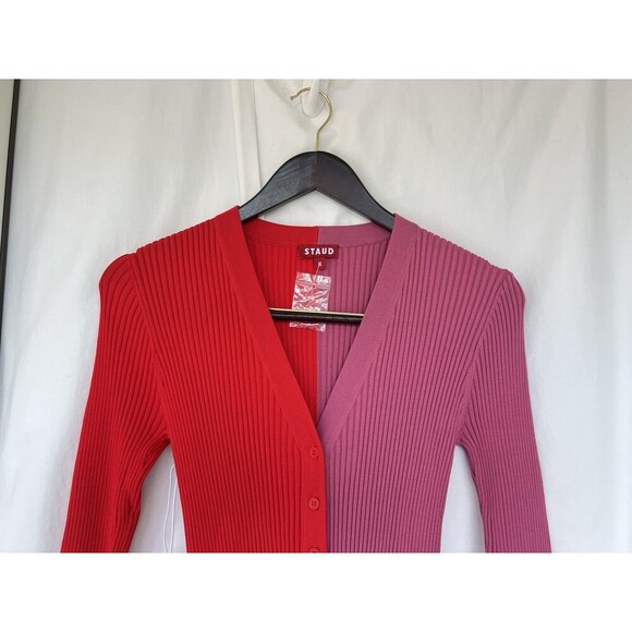 STAUD Shoko Colorblock Lurex Ribbed Long Sleeve Sweater Dress Medium Lava Peony - Picture 6 of 10